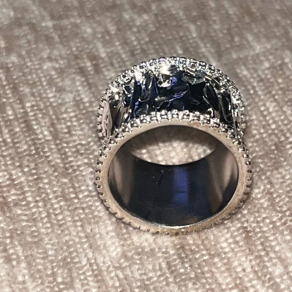 Hammered Silver Wide Band Ring with Pavé Edge Accents - Silver - Picture 5 of 14